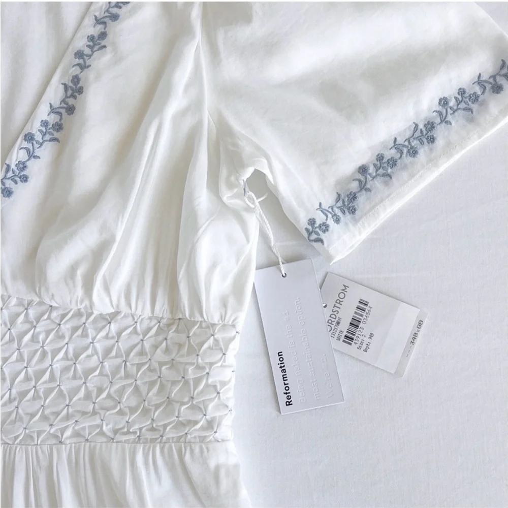 Reformation Kamryn Embroidered Smocked Waist Midi Dress Size 2 NWT - Picture 5 of 8